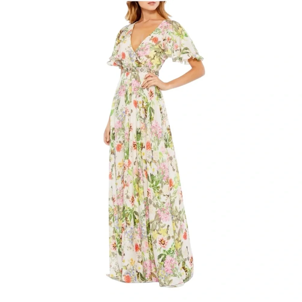 NWT MAC DUGGAL FLORAL V-NECK PLEATED MAXI DRESS Size 4 - Picture 1 of 15